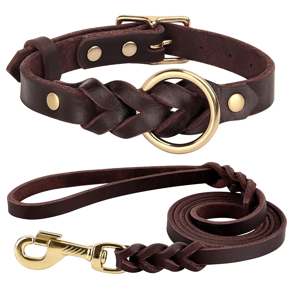 Collier et Laisse pour Chien en Cuir Véritable Tressé