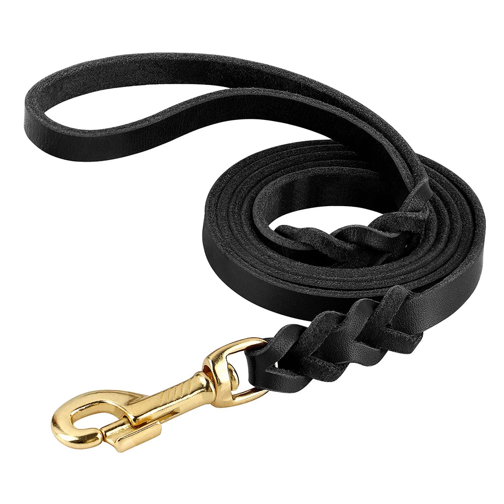 Collier et Laisse pour Chien en Cuir Véritable Tressé