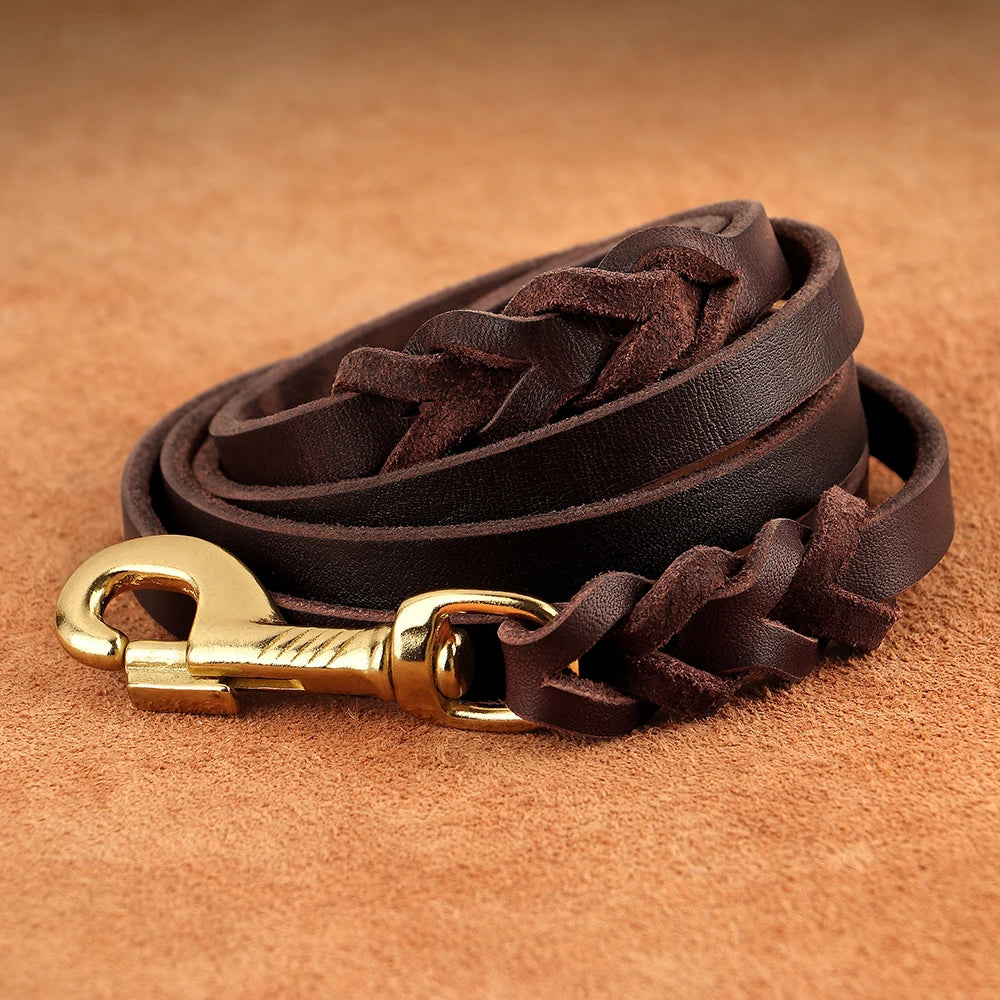 Collier et Laisse pour Chien en Cuir Véritable Tressé
