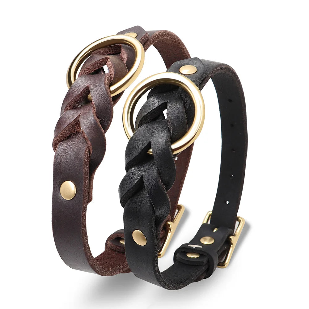 Collier et Laisse pour Chien en Cuir Véritable Tressé
