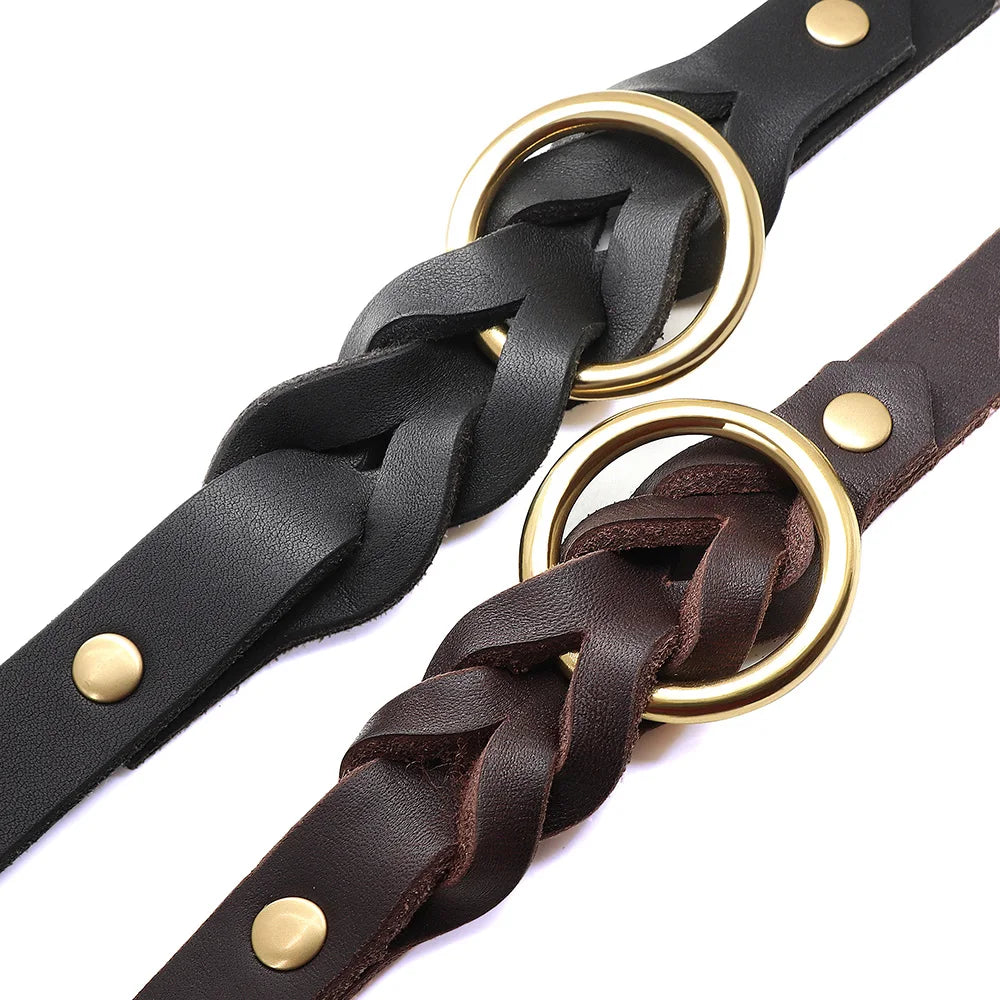 Collier et Laisse pour Chien en Cuir Véritable Tressé