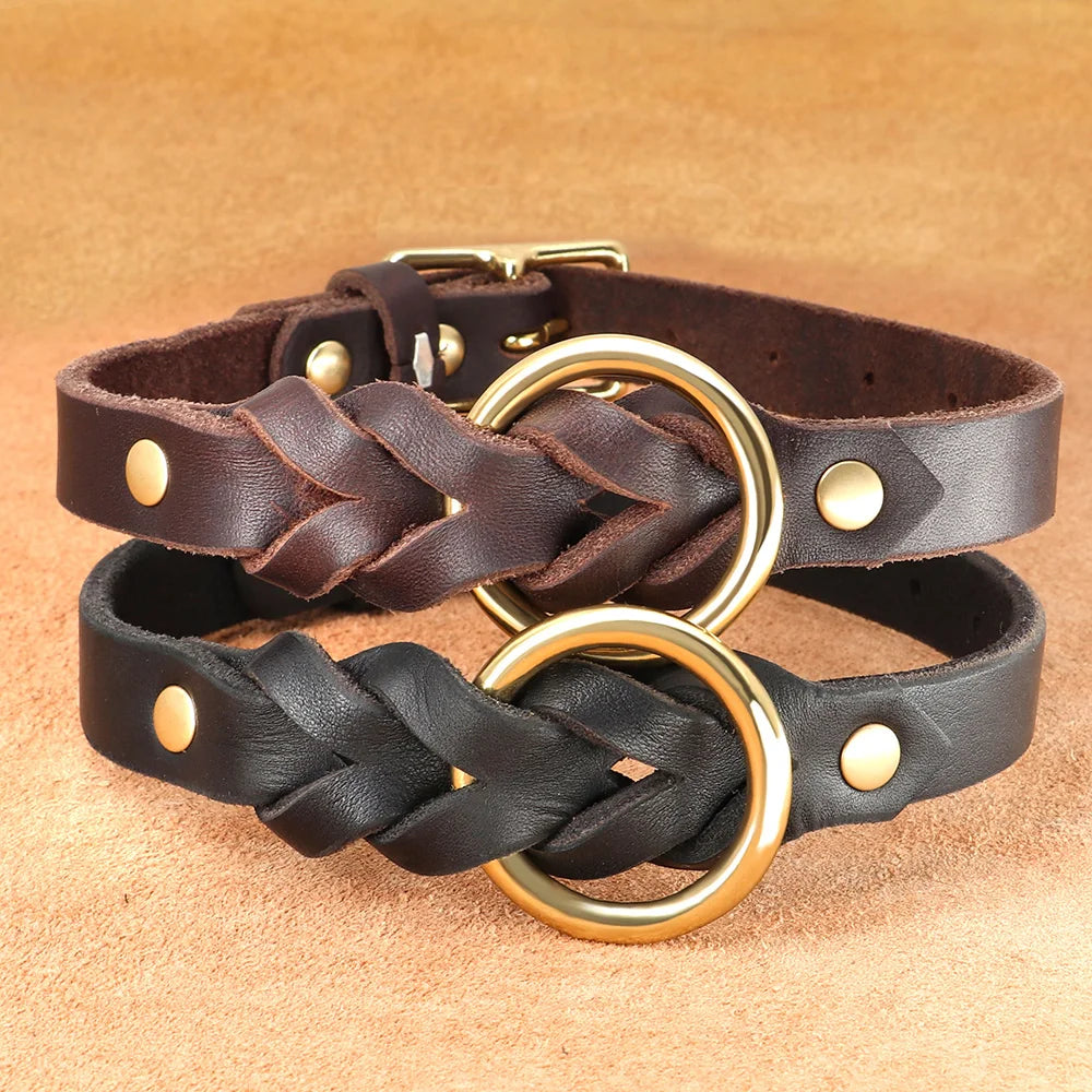 Collier et Laisse pour Chien en Cuir Véritable Tressé